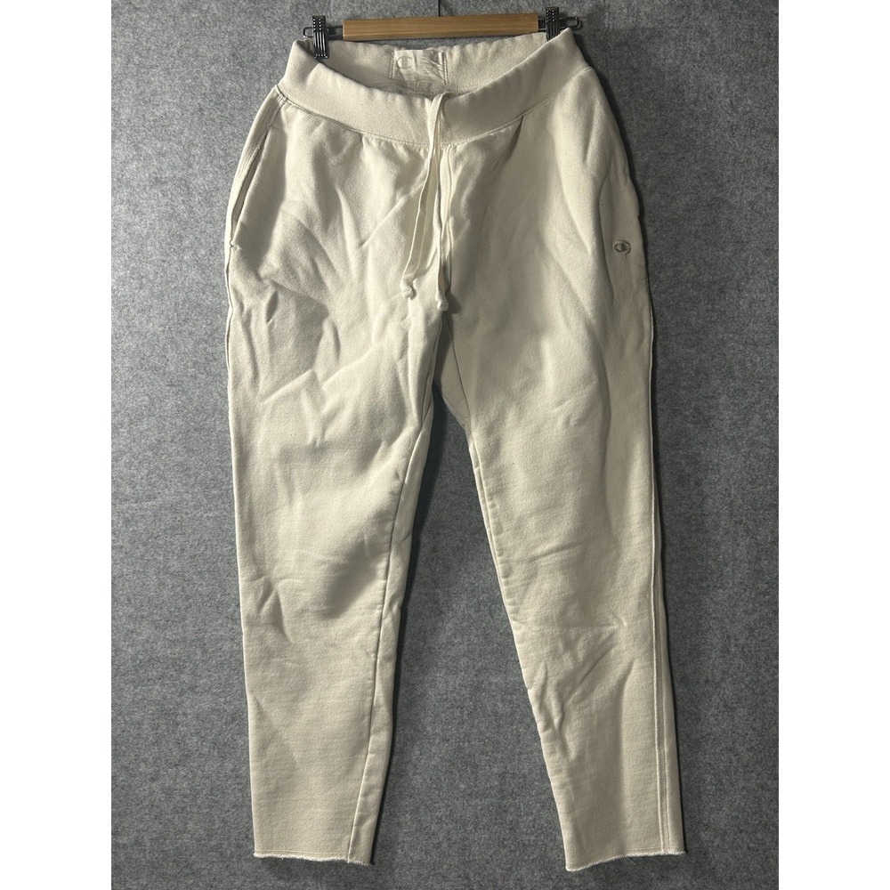 Vintage Champion Reverse Weave Sweatpants Natural Cream Made in Viet Large Logo